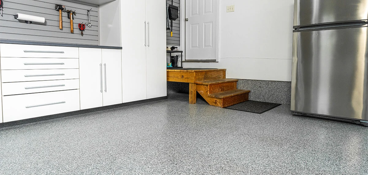 A finished flake-coated garage floor.