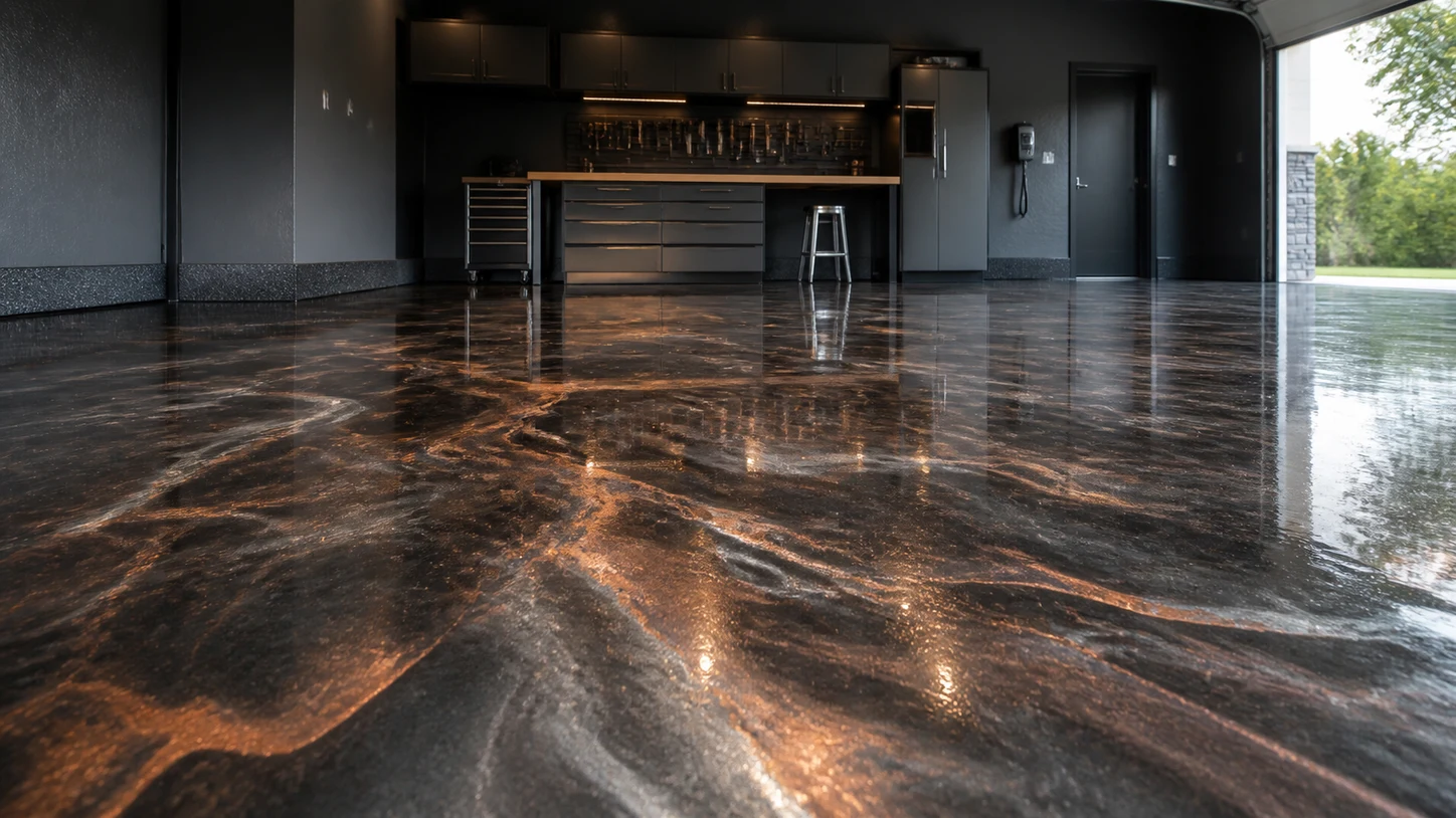A glossy metallic epoxy floor in a finished space.